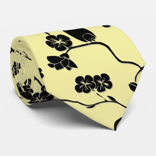 Birnen auf Kirschblüten Schwarz auf Zitronengelb Krawatte (Gerollt)