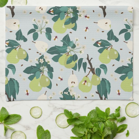 Birnen & Bienen in einem botanischen Blumengarten Geschirrtuch (Gefaltet)