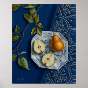 Birnen-Stillleben Blaues Textil Ölgemälde Poster