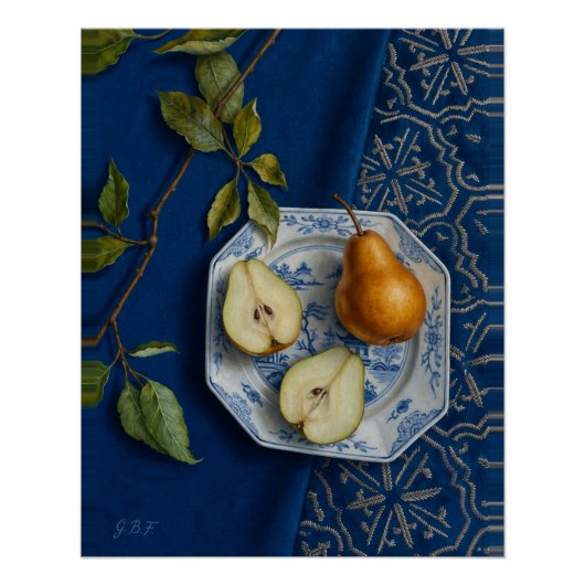 Birnen-Stillleben Blaues Textil Ölgemälde Poster (Vorderseite)