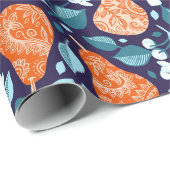 Birnen und Blüten in Orange und Blau Geschenkpapier (Rolleneckpunkt)