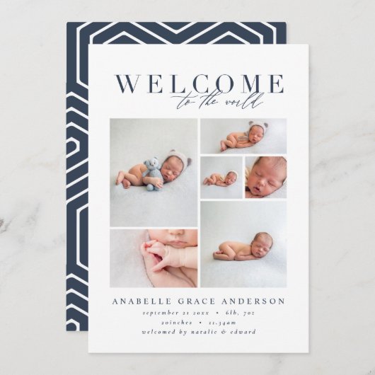 Birth Ankündigung mehrere Foto Marine geometrisch (Vorne/Hinten)