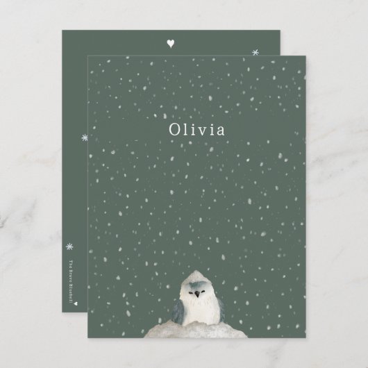 Birth Announcement Card Little Bird In The Snow Mitteilungskarte (Vorne/Hinten)