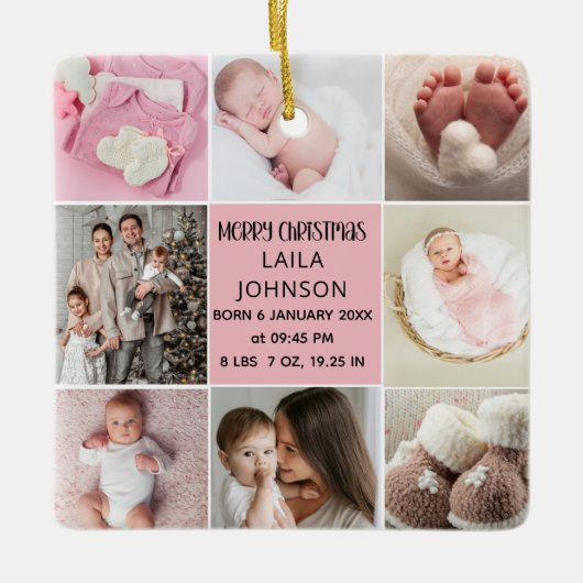  Birth Announcment Personalize 8 Photo christmas Keramikornament (Vorderseite)