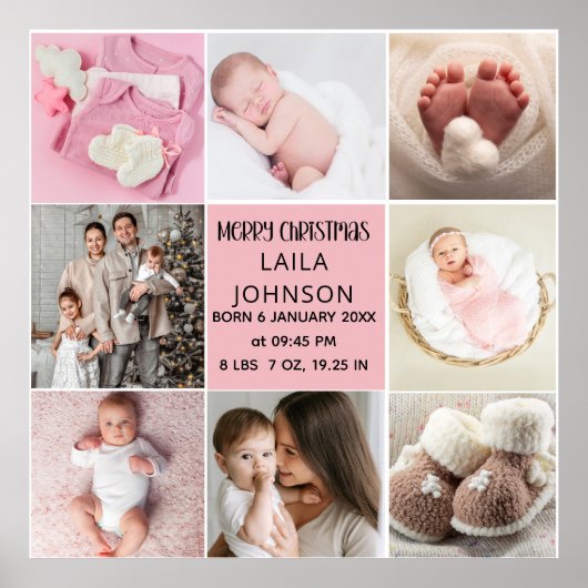 Birth Announcment Personalize 8 Photo christmas Poster (Vorne)