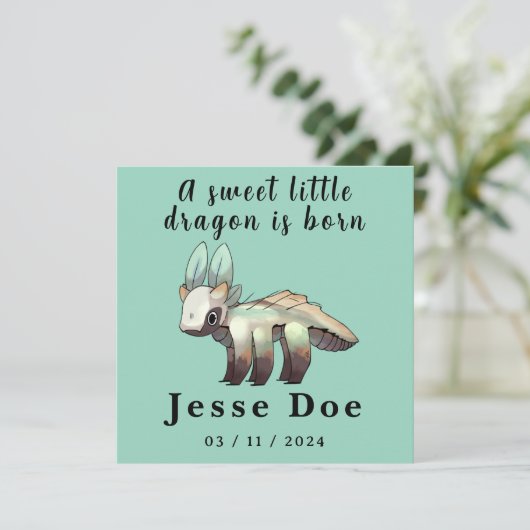 Birth Boy Card Cute Dragon (Stehend Vorderseite)