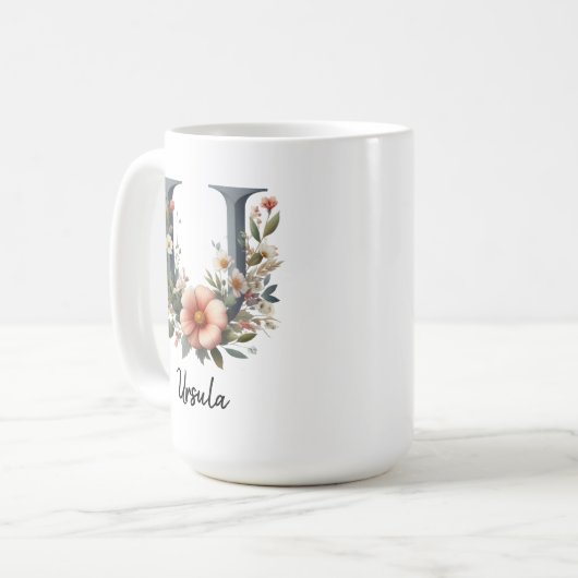 Birth Flower Coffee Mug, Custom Floral Initial Mug Kaffeetasse (Vorderseite Links)