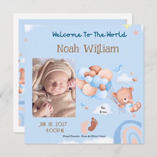 BIRTH PHOTO ANNOUNCEMENT- TEDDY BEAR BALOONS EINLADUNG (Vorne/Hinten)