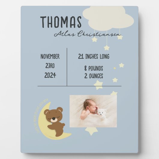 Birth Stats Baby Bear Dusche Plaque Schild - Blau Fotoplatte (Vorderseite)