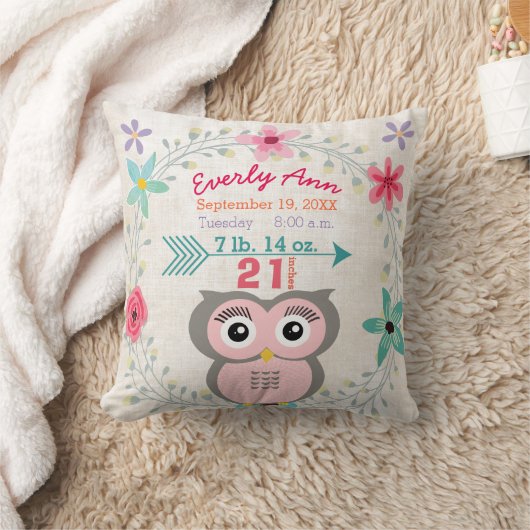 Birth Stats Baby Girl Forest Creature Pink Owl Kissen (Decke)