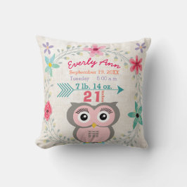 Birth Stats Baby Girl Forest Creature Pink Owl Kissen