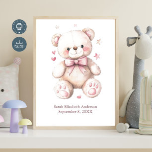 Birth Stats Baby Girl Pink Teddy Bear Poster