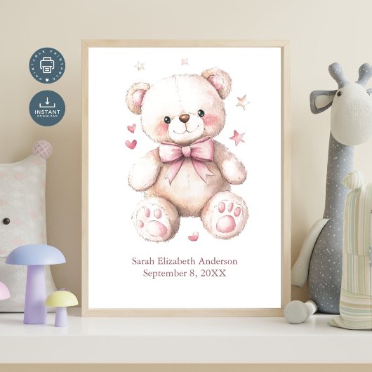 Birth Stats Baby Girl Pink Teddy Bear Poster