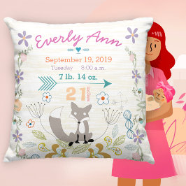 Birth Stats Baby Girl Woodland Creatures Fox Kissen