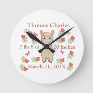 Birth Stats Baby Llamas Flowers Butterflies Runde Wanduhr