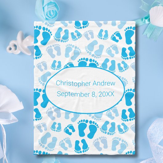 Birth Stats Blue und White Baby Feet Baby Blanket Fleecedecke