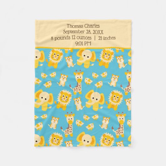 Birth Stats Blue Yellow Jungle Safari Animals Boy Fleecedecke (Vorderseite)