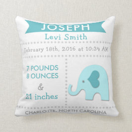 Birth Stats Elephant Nursery Pillow Teal Aqua Kissen