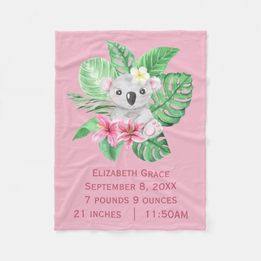 Birth Stats Koala Bear Pink Grüne tropische Blume Fleecedecke (Vorderseite)