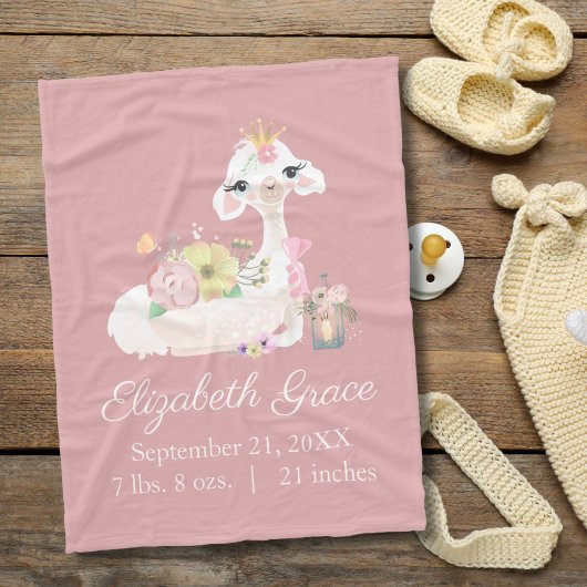 Birth Stats Llama Pink und Weiße Blume Niedlich Ba Fleecedecke