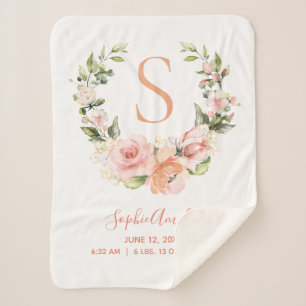 Birth Stats Peachy Coral Rose Floral Wreath Sherpadecke