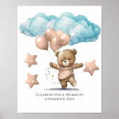 Birth Stats Pink Baby Bear Clouds Kinderzimmer Wal Poster (Vorne)