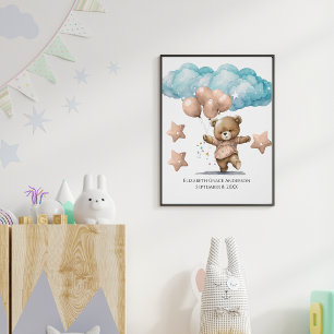 Birth Stats Pink Baby Bear Clouds Kinderzimmer Wal Poster