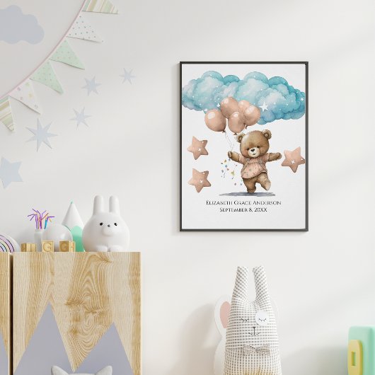 Birth Stats Pink Baby Bear Clouds Kinderzimmer Wal Poster