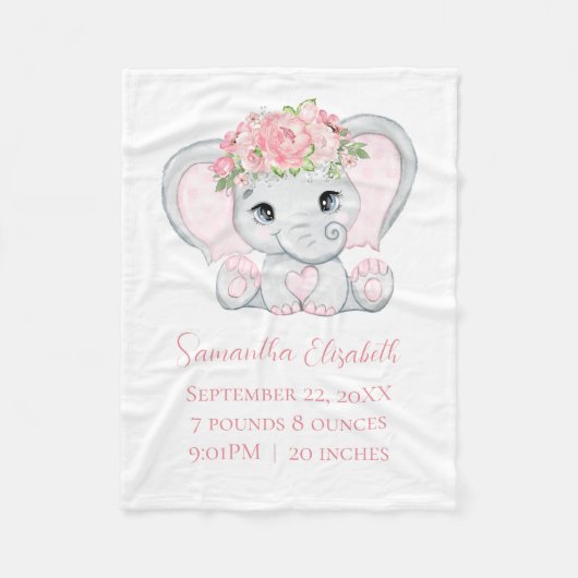 Birth Stats Pink Baby Elephant Baby Baby Baby Baby Fleecedecke (Vorderseite)