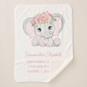 Birth Stats Pink Baby Elephant Baby Blanket Sherpadecke