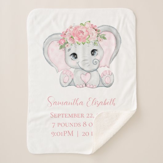 Birth Stats Pink Baby Elephant Baby Blanket Sherpadecke (Vorderseite)