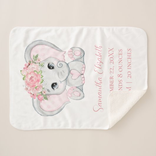 Birth Stats Pink Baby Elephant Baby Blanket Sherpadecke (Vorderseite (Horizontal))