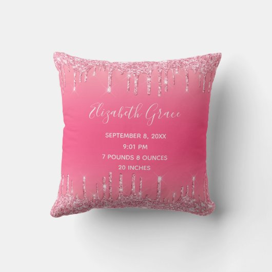 Birth Stats Pink Dripping Glitzer Baby Girl Trendy Kissen (Rückseite)