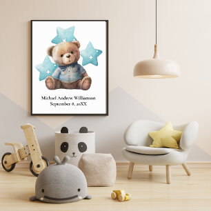 Birth Stats Teddy Bear Blue Baby Boy Kinderzimmer Poster