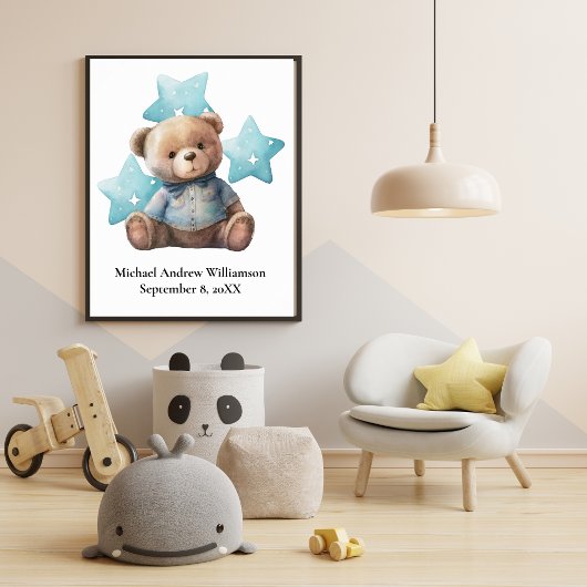 Birth Stats Teddy Bear Blue Baby Boy Kinderzimmer Poster