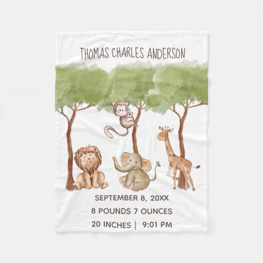 Birth Stats Woodland Jungle Safari Animals Baby Fleecedecke (Vorderseite)