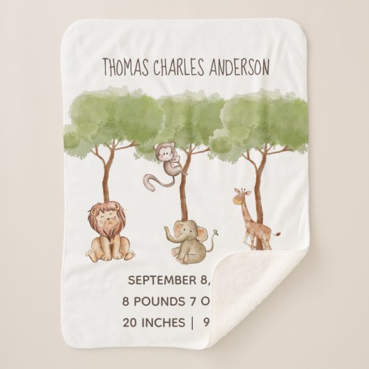 Birth Stats Woodland Jungle Safari Animals Baby Sherpadecke (Vorderseite)