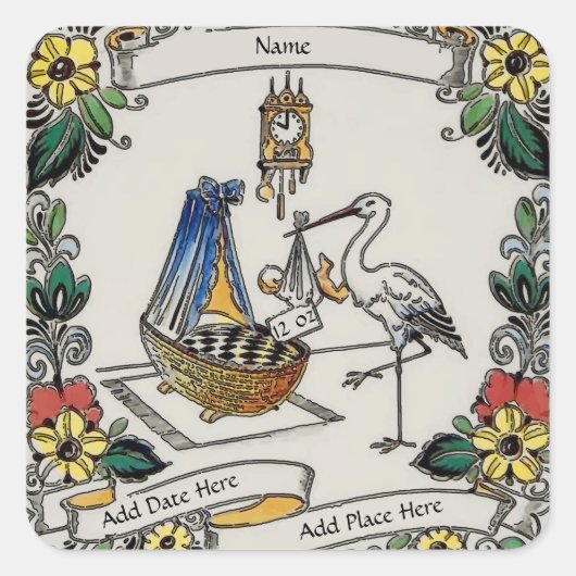 Birth Tile, Dutch Look, Personalize Quadratischer Aufkleber (Vorderseite)