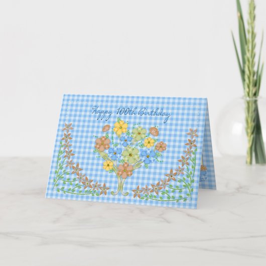 BIRTHDAY - 100th - BLUE GINGHAM/FLOWERS Karte (Vorderseite)