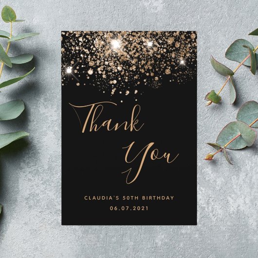 Birthday 50 Black Gold Glitzer glamourös Dankeskarte
