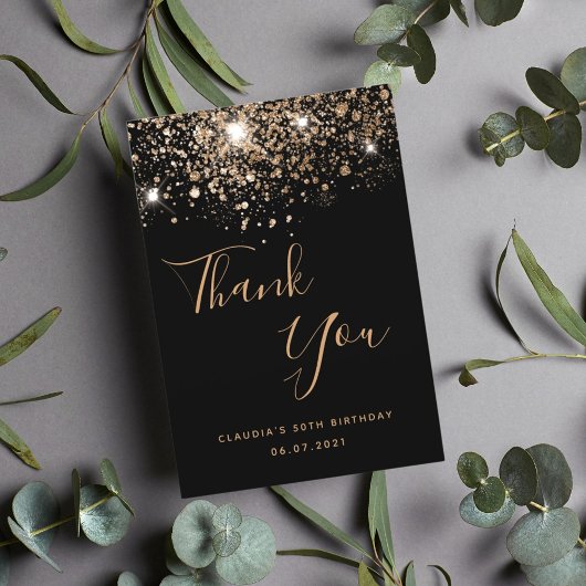 Birthday 50 Black Gold Glitzer glamourös Dankeskarte