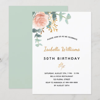 Birthday 50 Blumen Eukalyptus Rose Gold elegant Einladung