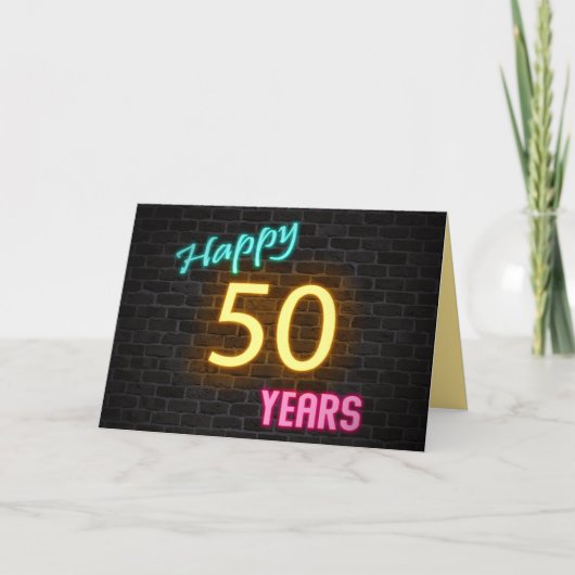 Birthday 50 neon sign on brick karte (Vorderseite)