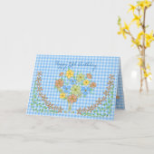 BIRTHDAY -75TH- BLUE GINGHAM/FLOWERS KARTE (Gelbe Blume)