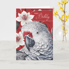 Birthday African Grey Parrot Red and White Lilies Karte