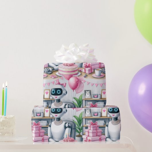 Birthday Ai Robot Pink Sparkle Balloons Geschenkpapier (Partygeschenke)