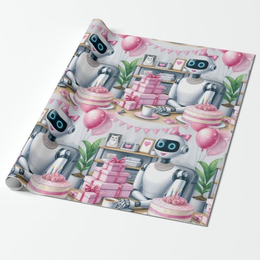 Birthday Ai Robot Pink Sparkle Balloons Geschenkpapier (Ungerollt)