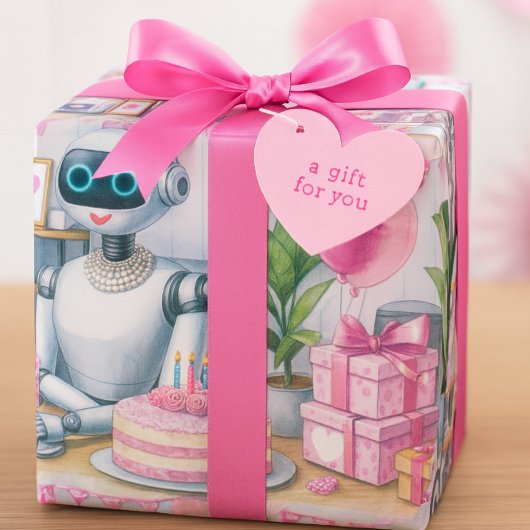 Birthday Ai Robot Pink Sparkle Balloons Geschenkpapier