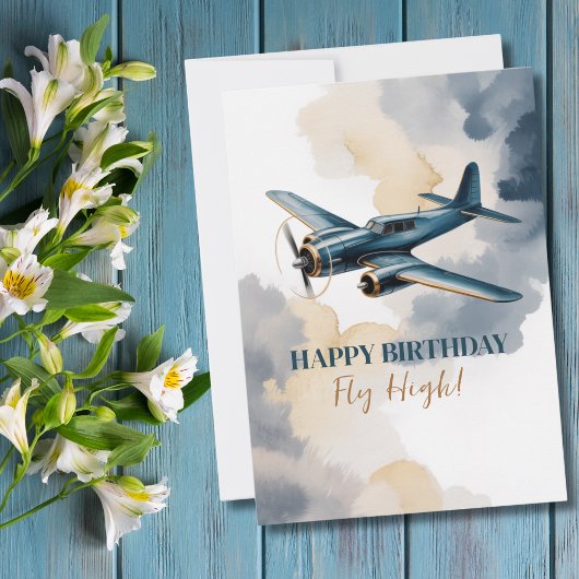 Birthday Airplane Blue and Gold Watercolor Elegant Einladung