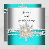 Birthday Aquamarin Blue Aqua White Pearl Blume Einladung (Vorne/Hinten)
